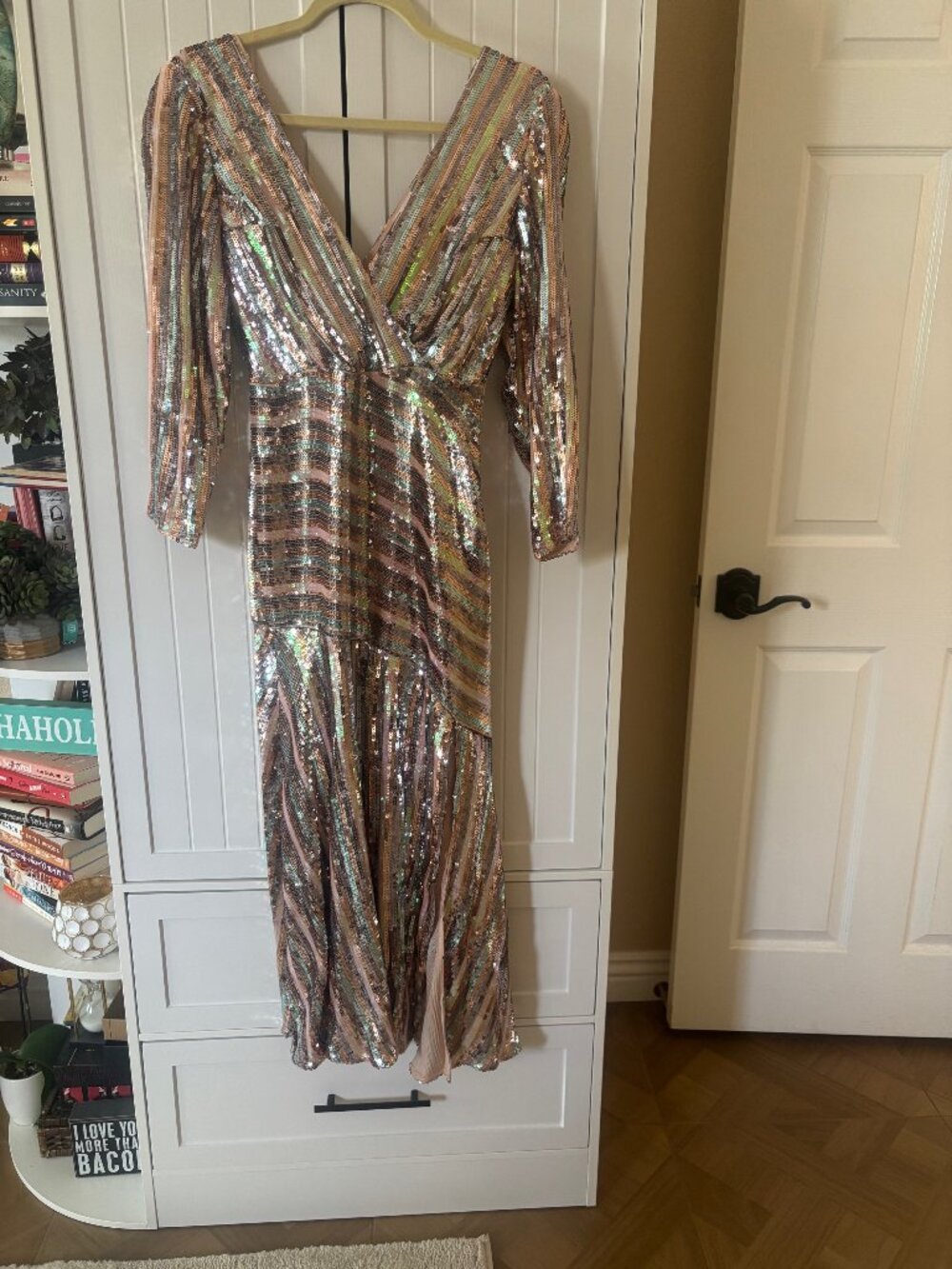 RIXO London Sequin Dress Rose Gold Stripe Wrap V-Neck
